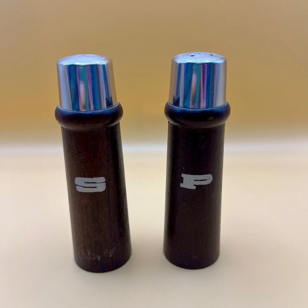 Vintage MCM Dark Wood Chrome Salt & Pepper Shakers Set Made in Japan Retro